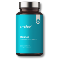 Balance Adaptogen Stress Support bottle with label, 60 capsules, adaptogenic mushrooms and medicinal herbs illustration