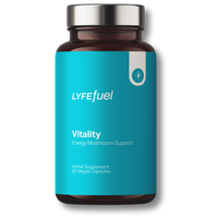 Adaptogen Energy Support supplement bottle with capsules and dried mushrooms and herbs beside it