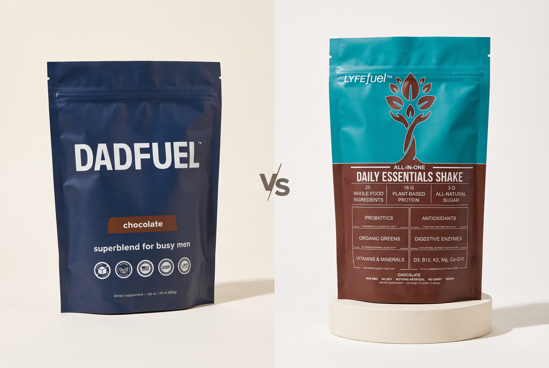 LyfeFuel Essentials Nutrition Shake next to DadFuel Original, side by side comparison