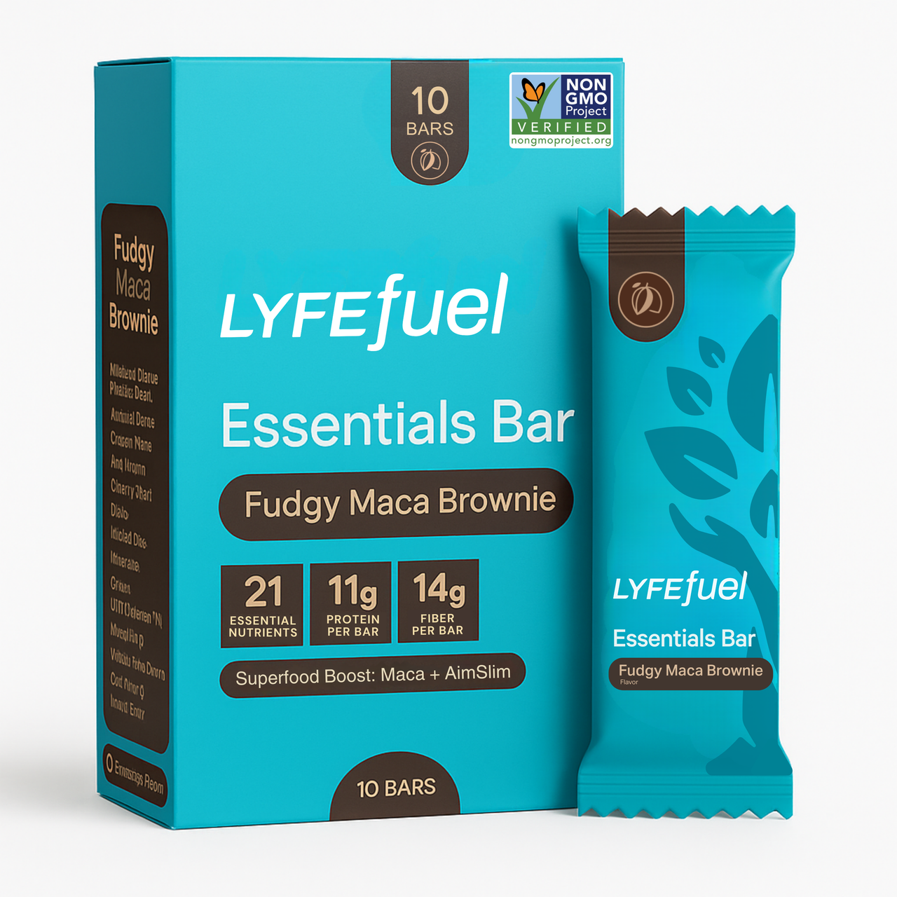 Essentials Bar box of 10 protein bars with 21 micronutrients on white background
