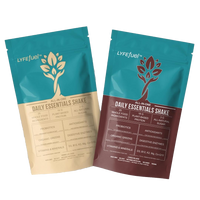 Essentials Shake container with label stating vegan, plant-based meal replacement and 3g net carbs per serving