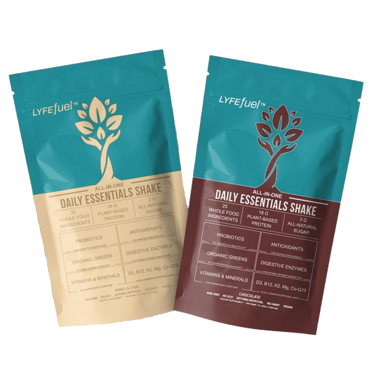 Essentials Shake container with label stating vegan, plant-based meal replacement and 3g net carbs per serving