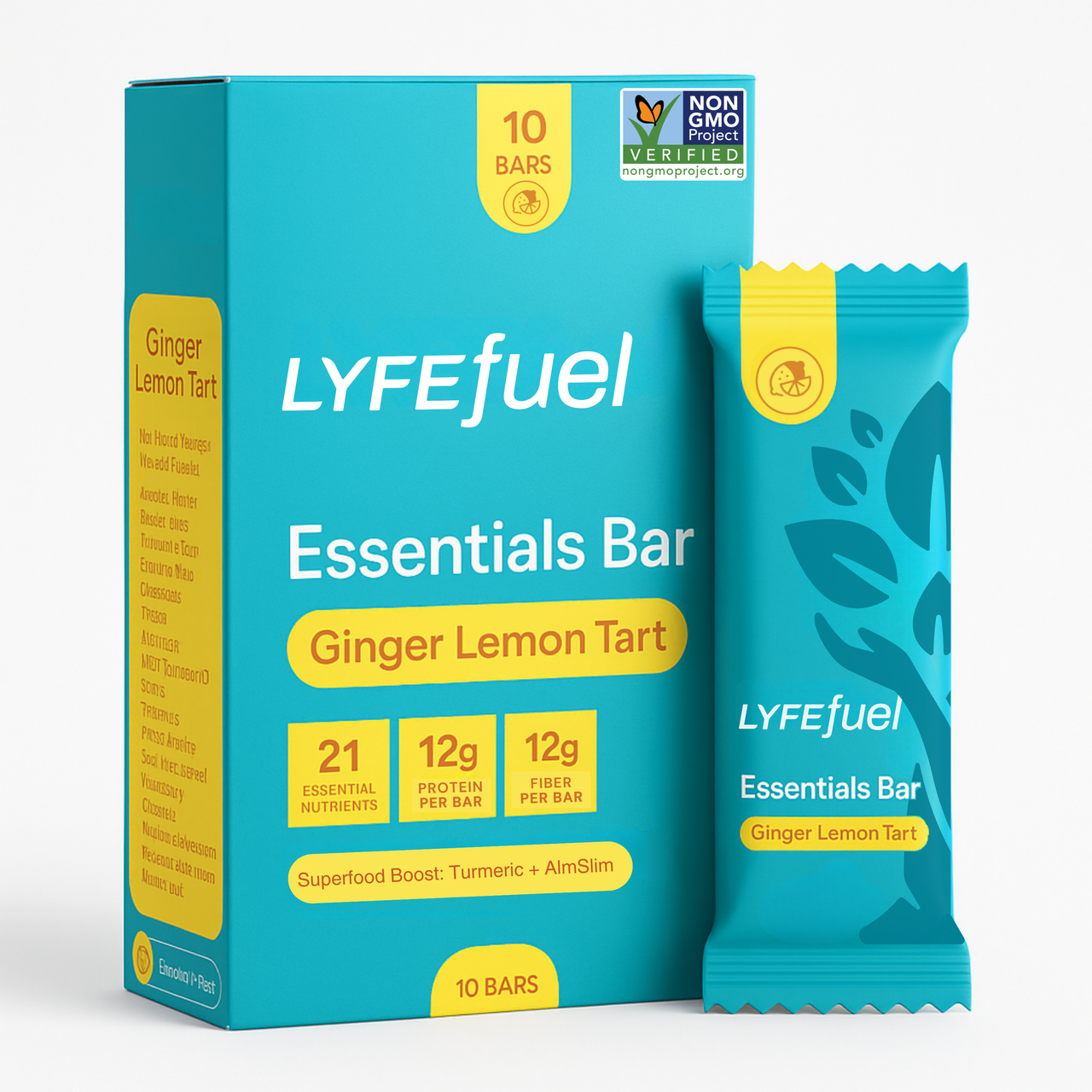 Lemon Essentials Nurition Bar wrapped with label noting 21 essential micronutrients, plant-based protein and prebiotic fiber